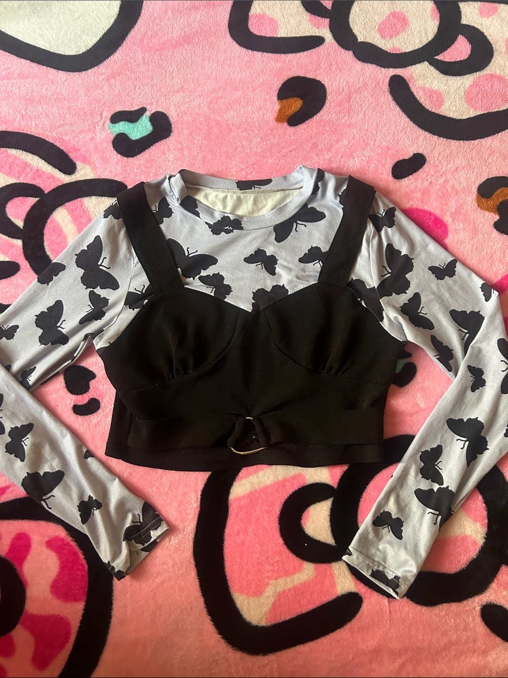 Black Bustier Layering Top With Butterfly Print
